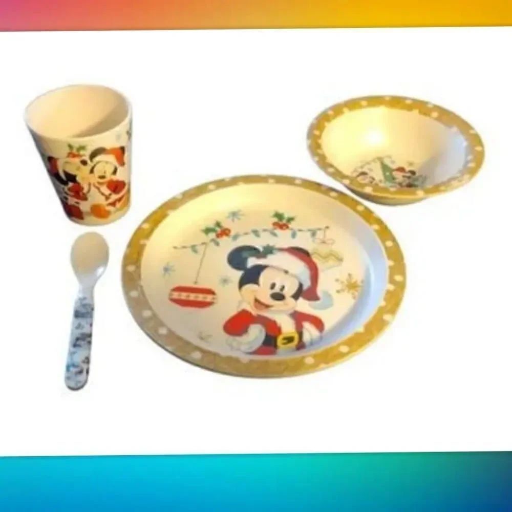 Disney Christmas Mickey And Minnie Bamboo Fiber Dish Set Plate, Bowl, Cup, And S